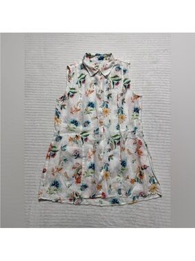 Jijil White Sleeveless Button-Down Top with Multicolor Floral Motif
